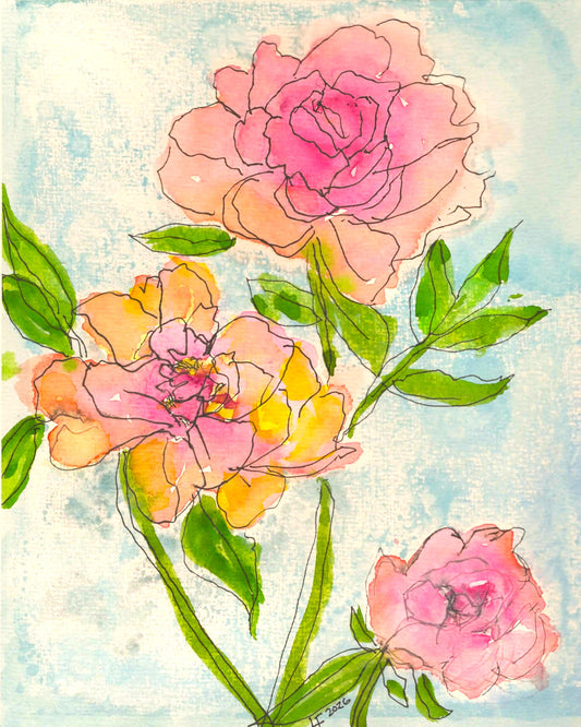 A Brief Blessing, original loose watercolor and ink painting of pink peonies by
Wyoming artist Lyn Foley.