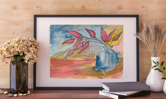 Blue Vase, Red Flowers