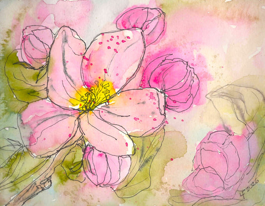 Inspired by apple blossoms lost to a late Wyoming freeze, One Day of Spring is an original watercolor and ink painting by Lyn Foley. 8" x 10", matted to 11" x 14".