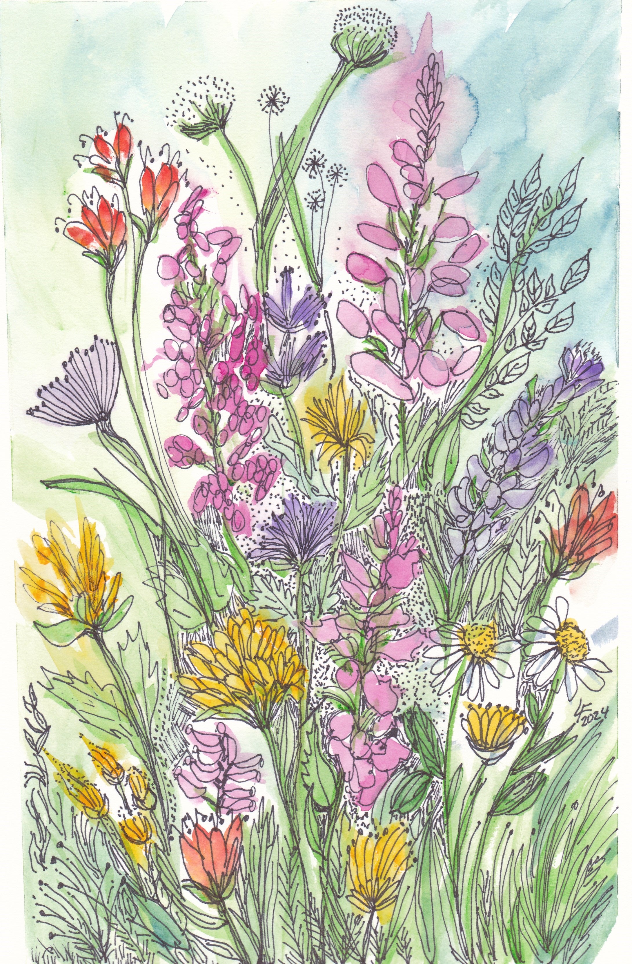 Sold Original Watercolor Painting – Texas Wildflower Bouquet – “Texas Wildflowers” by Lyn Foley