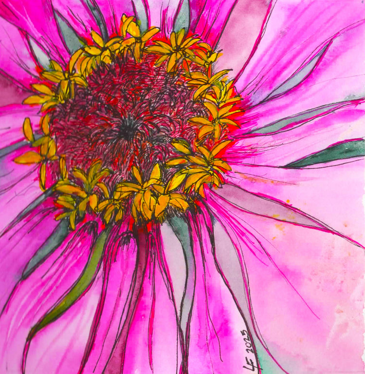 Original 6 x 6 watercolor zinnia painting by Lyn Foley. Vibrant pink floral artwork, matted to 10 x 10 and ready for framing. One of a kind.