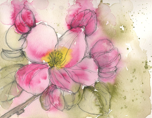Inspired by apple blossoms lost to a Wyoming spring freeze, this original watercolor and ink painting by Lyn Foley celebrates the beauty that remains in memory after a fleeting season has passed.