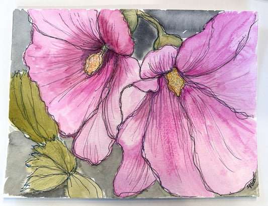 Original Watercolor Painting – Pink Hollyhock Flowers – “Two Hollyhocks” by Lyn Foley