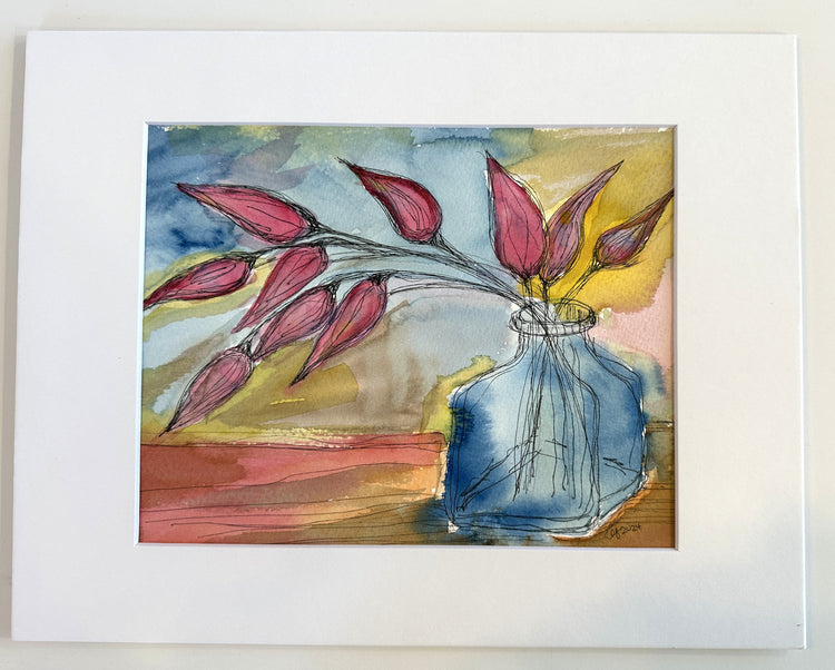 Blue Vase, Red Flowers