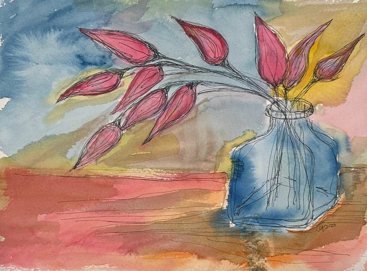 Original Watercolor Painting – Red Flowers in Blue Vase – “Blue Vase, Red Flowers” by Lyn Foley