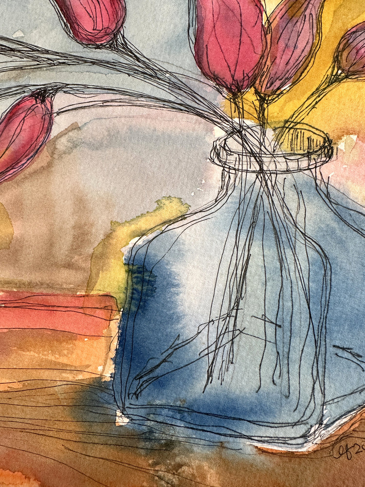 Blue Vase, Red Flowers