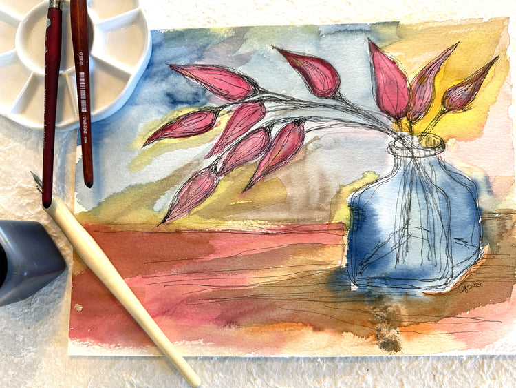 Blue Vase, Red Flowers