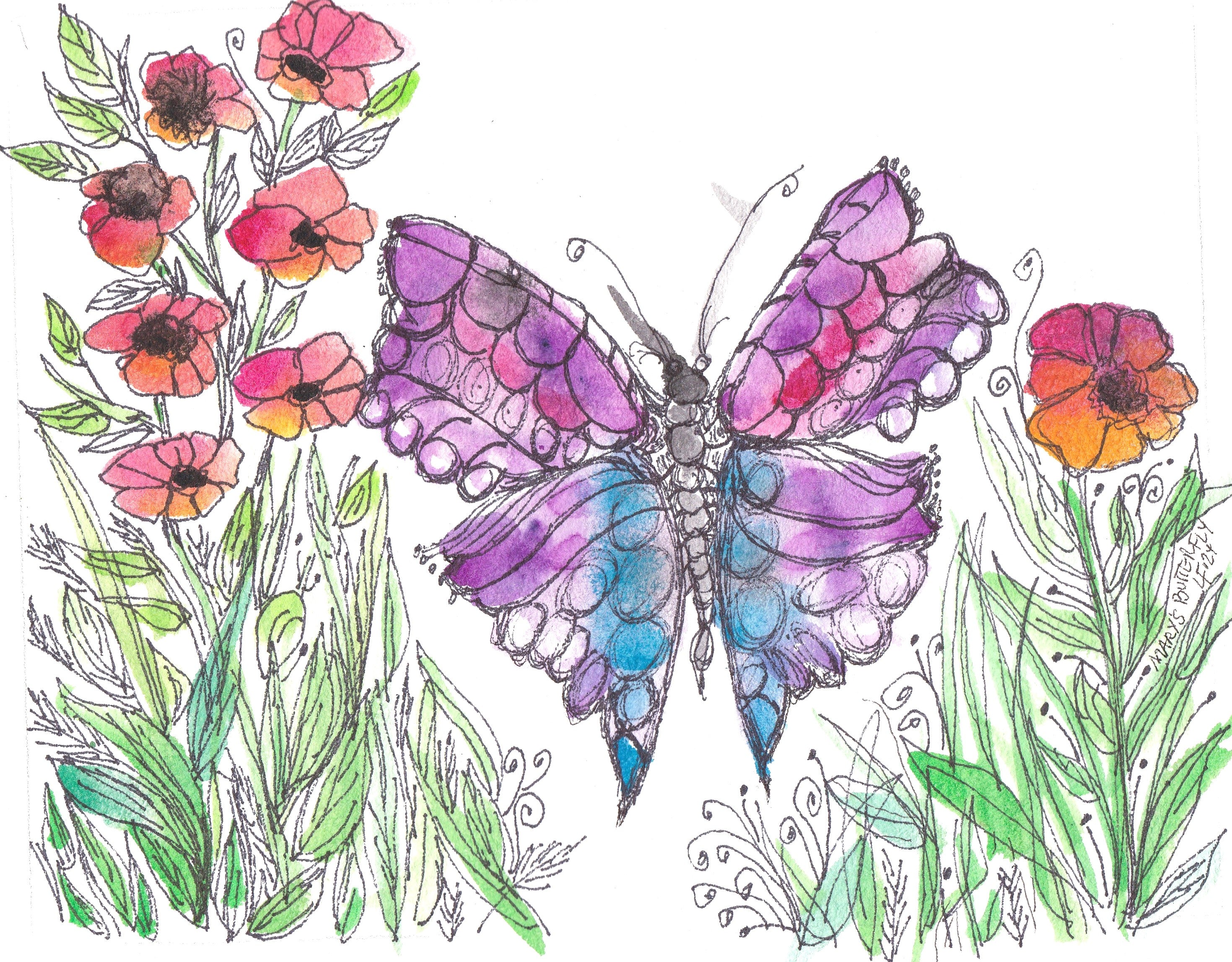 Original Watercolor Butterfly Painting – Wildflowers and Butterfly – “Mary’s Butterfly” by Lyn Foley