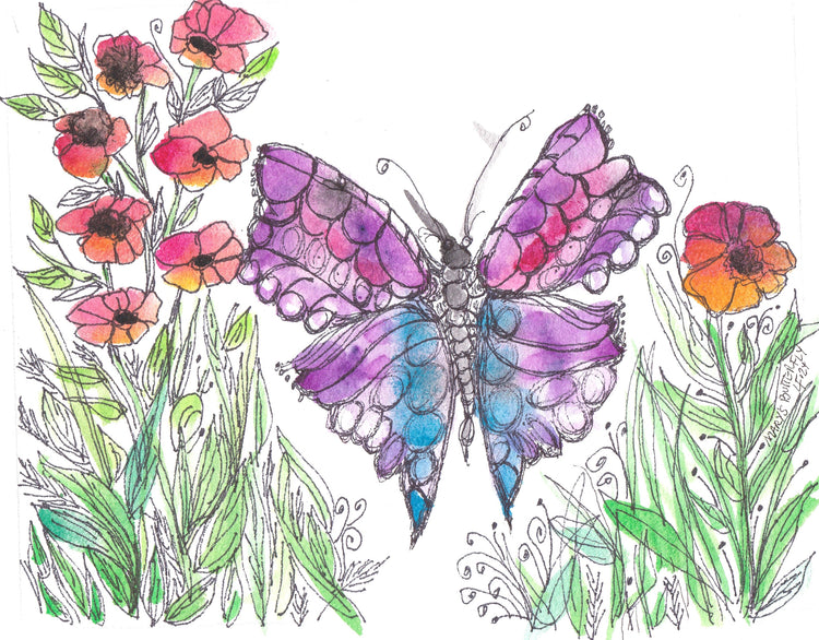 Original Watercolor Butterfly Painting – Wildflowers and Butterfly – “Mary’s Butterfly” by Lyn Foley