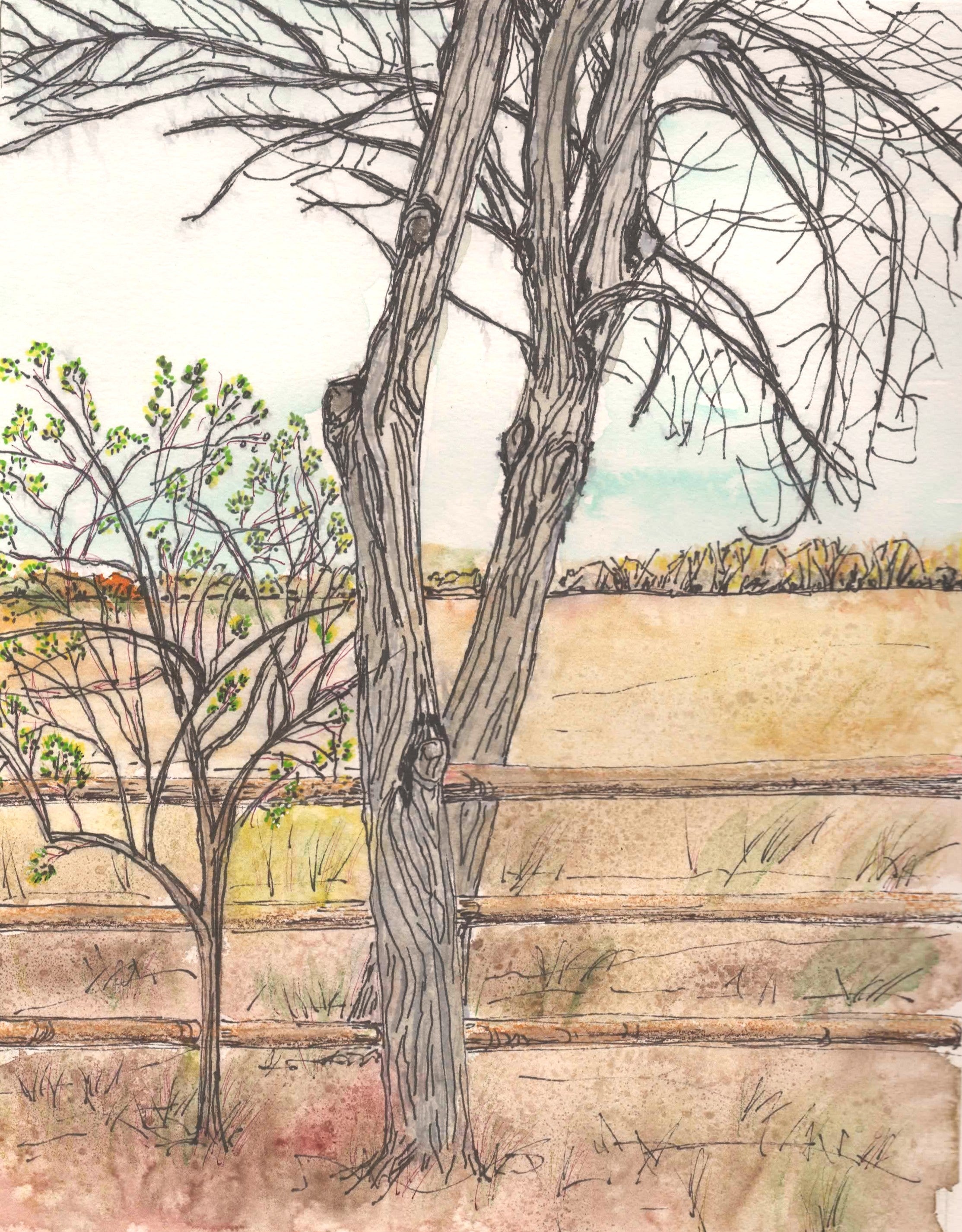 Original watercolor painting of early spring trees by Lyn Foley. A soft, expressive piece capturing the quiet moment before blooming begins.