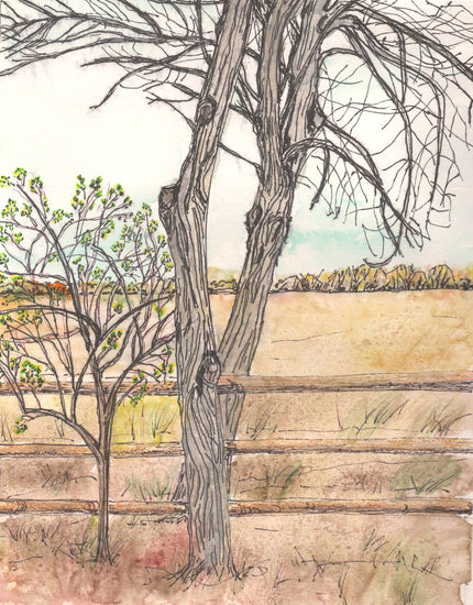 Original watercolor painting of early spring trees by Lyn Foley. A soft, expressive piece capturing the quiet moment before blooming begins.