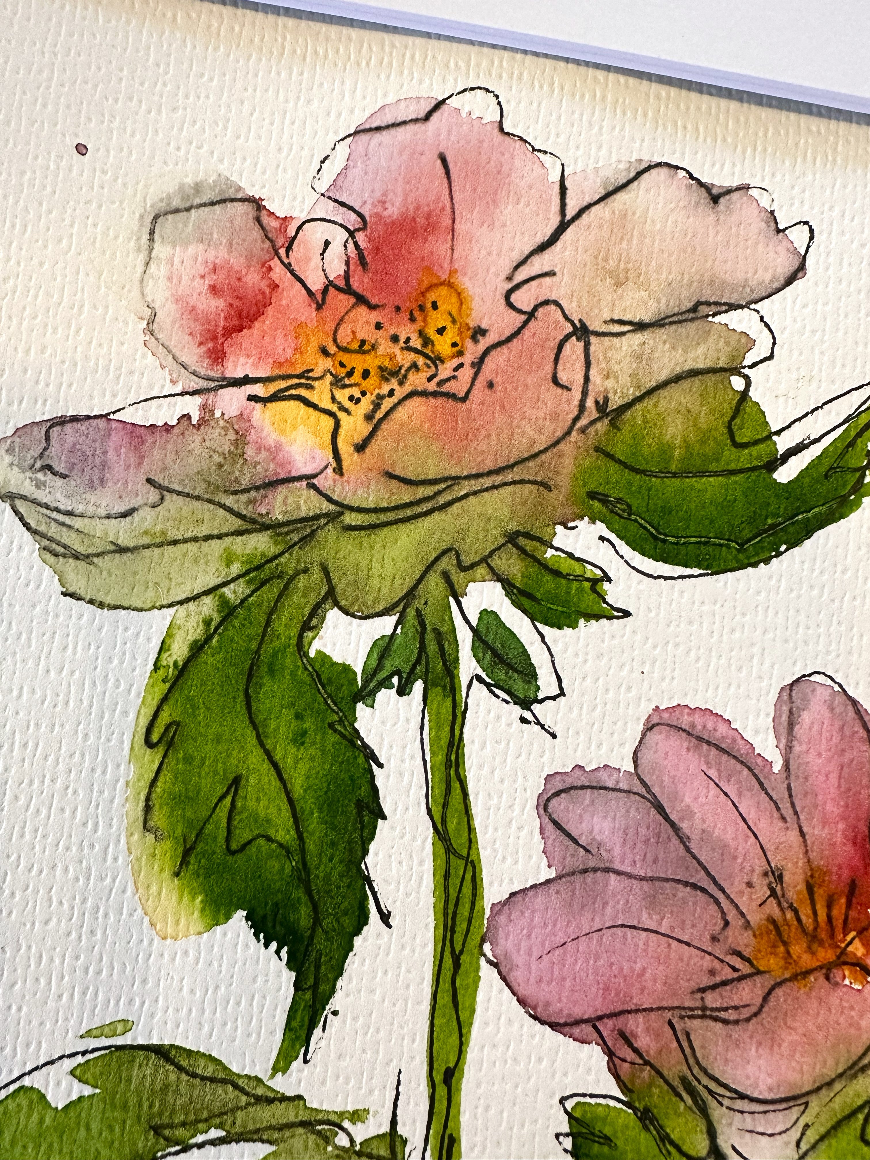 Detail of delicate pink blossoms and loose watercolor brushwork in Softly in Bloom