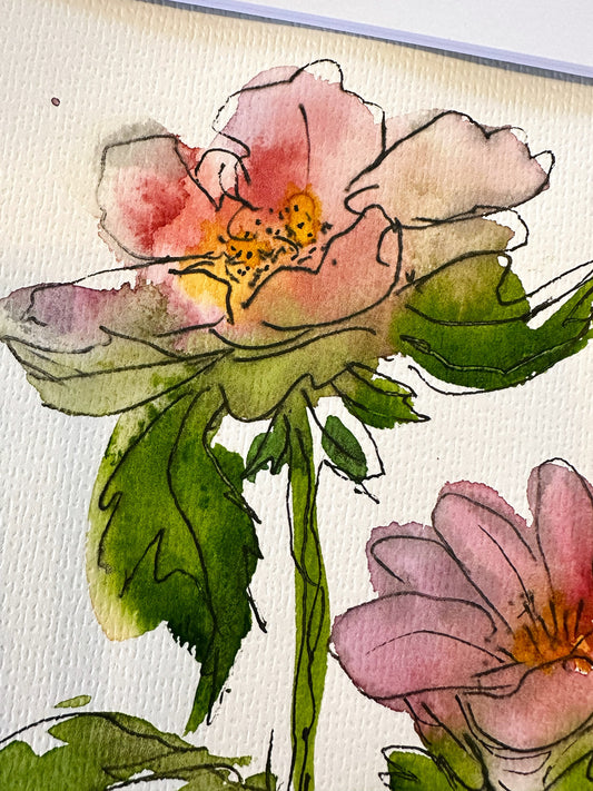 Detail of delicate pink blossoms and loose watercolor brushwork in Softly in Bloom