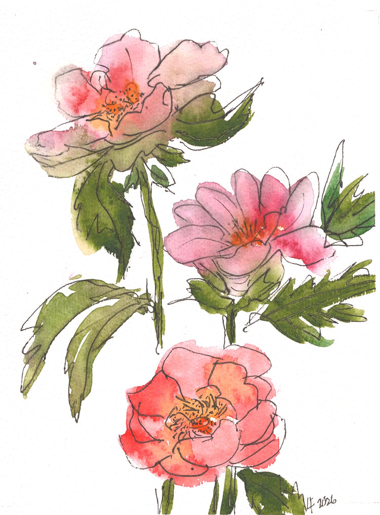 Bring a sense of calm and beauty to your home with "Softly in Bloom," an original pink floral watercolor by Wyoming artist Lyn Foley. Delicate blossoms and soft colors create a peaceful, timeless feeling.